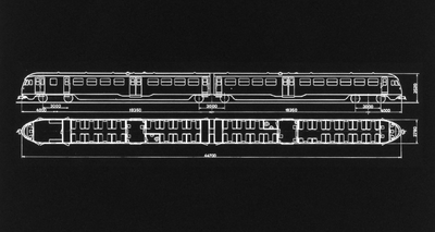 886064 Zijaanzicht en plattegrond (algemeen plan) van een diesel-electrisch treinstel DE 2 (Blauwe Engel) van de N.S.